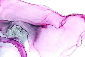 Abstract illustration in alcohol ink technique. Deep pink and slate gray marble texture with drops. Wash drawing effect wallpaper. Modern illustration for card design, ethereal graphic design.