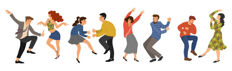 Group of young happy dancing people isolated on white background. Men and women in the dance. Vector illustration flat design.