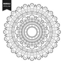 Decorative Monochrome Ethnic Mandala Pattern. Anti-stress Coloring Book Page For Adults. Hand Drawn Illustration