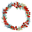 © Tatiana - Bright floral wreath with red berries, juniper, blue and golden leafed branches hand drawn in watercolor isolated on a white background. Ideal for invitations, frames, post cards and greeting cards.