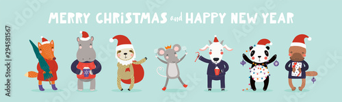 Hand drawn card with cute animals in Santa Claus hats, tree, gifts, ornaments...