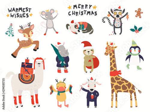 Big Christmas set with cute animals in Santa Claus hats, tree, gifts, ornamen...