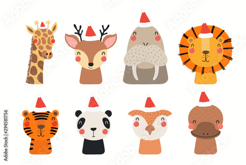 Christmas set with cute animals in Santa Claus hats. Isolated objects on whit...