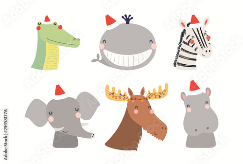 Christmas set with cute animals in Santa Claus hats. Isolated objects on whit...