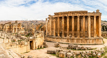 Ancient Roman Temple Of Bacchus Panorama With Surrounding Ruins And City, Bekaa Valley, Baalbek, Lebanon