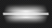 Realistic 3d White Long Fluorescent Light Tube Isolated On Transparent Background. Bright Illuminated Luminescence Lamp. Vector Illustration.