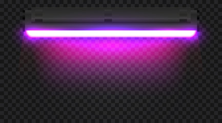 Realistic 3d ultraviolet long fluorescent light tube isolated on transparent background. Bright illuminated luminescence lamp. Vector illustration.