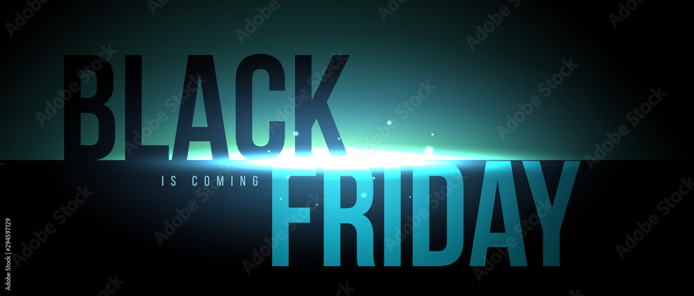 Minimalistic black friday inscription with colorful bright light stream. Design concept for promotion shop or market. Background for banner, label, sticker, flyer, card. Vector vivid illustration. - obrazy, fototapety, plakaty 