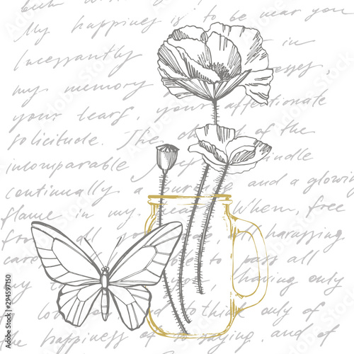 Poppy flowers. Botanical plant illustration. Vintage medicinal herbs sketch s...