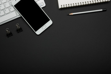 Office desk table with supplies. Flat lay Business workplace and objects. Top view. Copy space for text