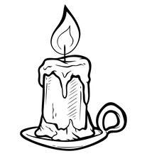Cartoon Graphic Black And White Hand Drawn Flaming Candle On Metal Stand. Isolated On White Background. Halloween Vector Icon.