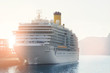Big modern white cruise ship liner morred with mooring cable port of sea or ocean at beautiful morning sunrise time. Travel and vacation. Adventure journey beginning concept