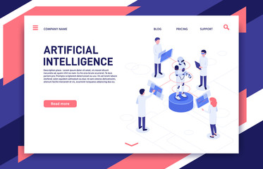 Poster - artificial intelligence development. cyborg manufacturing, robotics future and bionic robot. futuris