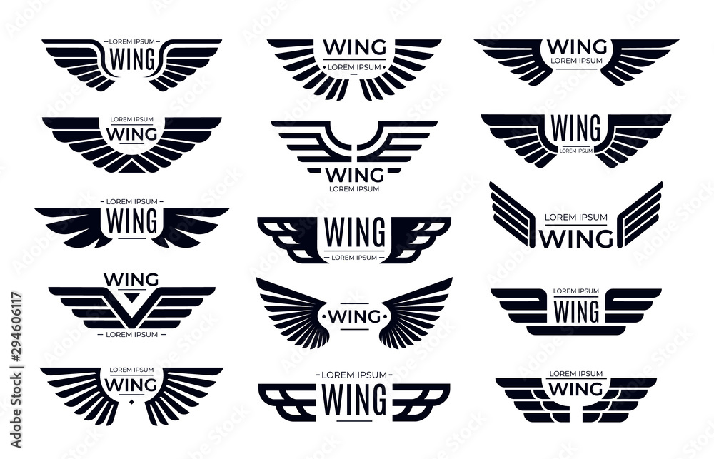 Wings badges. Flying emblem, eagle bird wing and winged frame. Aviation pilot patch badge, army insignia emblem or biker logotype sticker. Isolated vector icons set - obrazy, fototapety, plakaty 