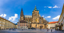 Prague, Bell Gothic Towers And St. Vitus Cathedral. St. Vitus Is A Roman Catholic Cathedral In Prague, Czech Republic. Panoramic View From The Courtyard To The South Facade. Prague, Czechia.