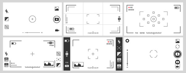 Wall Mural - Photo camera viewfinders. Photography ui zoom, adjustment focus frame and digital viewfinder. Recorder cam display, rec viewfinders screen or movie recording preview vector set