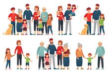 Cartoon Family Portraits. Happy Parents And Children Portrait, Old Grandmother And Grandfather. Big Family, Senior And Teenager Generations Families Together. Isolated Vector Illustration Icons Set
