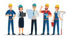 Technician Workers And Engineers Team. Technicians People Group, Engineering Worker And Construction. Industrial Engineers Workers, Builders Characters Isolated Cartoon Vector Illustration