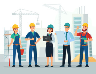 Wall Mural - Construction team. Engineering and constructions workers, building engineers group and technicians people. Engineer expert teamwork, industry job character cartoon vector illustration