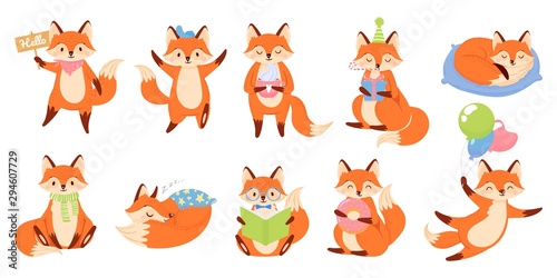 Cartoon fox mascot. Funny animal character, cute red foxes with black paws. F...