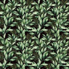  Watercolor eucalyptus branches seamless pattern. Hand painted green eucalyptus branches composition isolated on black background. Holiday floral illustration for design, print or background.