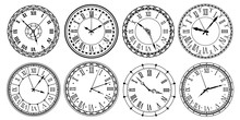 Vintage Clock Face. Retro Clocks Watchface With Roman Numerals, Ornate Watch And Antic Watches Design. Antique Elegant Hour Time Clock. Isolated Vector Illustration Icons Set