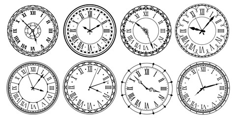 vintage clock face. retro clocks watchface with roman numerals, ornate watch and antic watches desig
