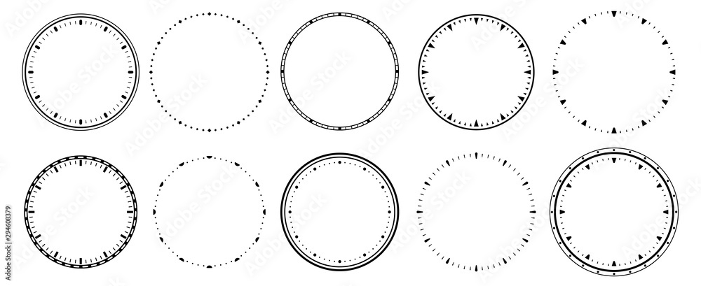 Clock faces. Vintage clocks bezel, seconds timer and 12 hours watch round scale. Clocks frames silhouette, deadline hour stopwatch face. Isolated vector symbols set - obrazy, fototapety, plakaty 