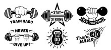 Gym Motivation Quotes. Fitness Inspirational, Strong Bodybuilding And Dumbbell In Hand. Athletic Exercise Quotation, Workout Body Sculpt Inspire. Isolated Vector Illustration Icons Set