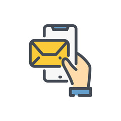 Poster - Hand with smartphone and mail notification color line icon. Receive email vector outline colorful sign.