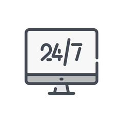Poster - 24/7 online support color line icon. computer display with 24/7 vector outline colorful sign.