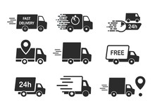 Set Of Delivery Icons. Fast Delivery, Free Delivery, 24 Hours, Truck.