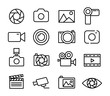 Photo and video set icons thin line. Photography icon. Photo camera icon. Diaphragm icon. Vector illustration.