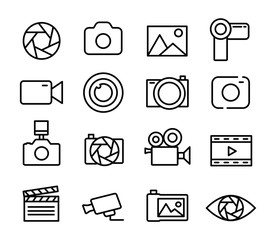 Poster - Photo and video set icons thin line. Photography icon. Photo camera icon. Diaphragm icon. Vector illustration.