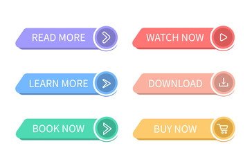 Aufkleber - Colorful web buttons. Set of website buttons to go to the desired action. Read More, learn more, book now, watch now, download, buy now.
