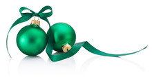Two Green Christmas Baubles With Ribbon Bow Isolated On A White Background