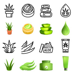 Poster - Aloe vera set. Cartoon and thin line illustration of aloe vera vector set isolated on white background
