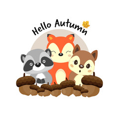 Wall Mural - Hello autumn with cute fox, raccoon, squirrel and acorns.