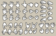 Cartoon White Human Hands In Gloves Gesture Set. Hands Show Signs. Different Hand Positions. Isolated On Gray Background. Vector Icon Set.