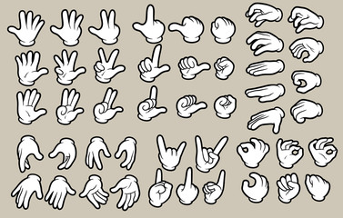 cartoon white human hands in gloves gesture set. hands show signs. different hand positions. isolate