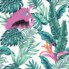 Wall Mural - Exotic bird pink flamingo leaves seamless white background