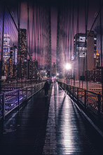 New York City Brooklyn Bridge At A Rainy Night