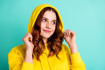 Sticker - Close up photo of gorgeous attracive peaceful girlfriend looking adoring at empty space isolated over teal vivid color background