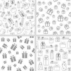 Wall Mural - Vector set of seamless patterns with gift boxes. Hand drawn, lineart present boxes. Monochrome backgrounds for Christmas, birthday design