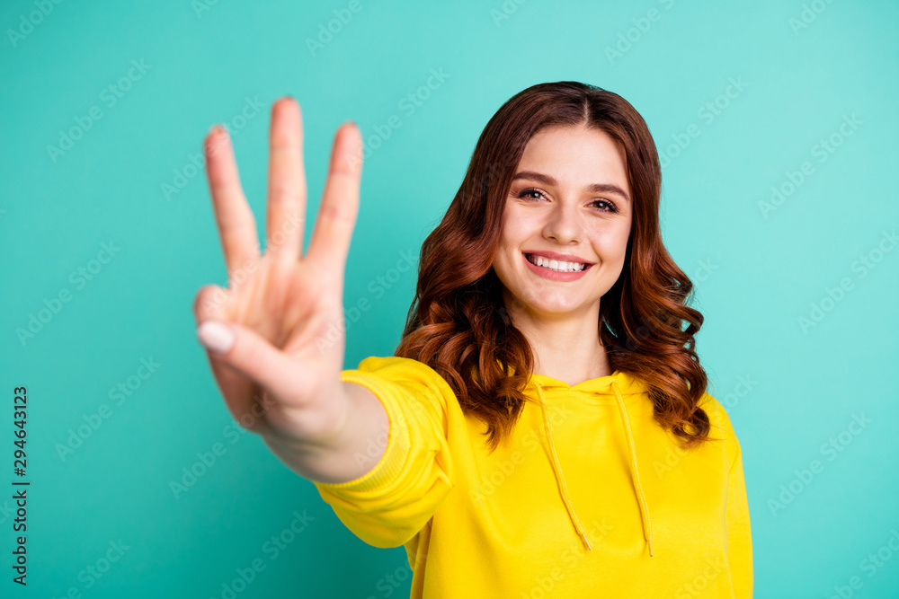 Photo of wavy curly charming fascinating gorgeous girlfriend smiling toothily showing you three fingers sign isolated over turquoise vivid color background - obrazy, fototapety, plakaty 