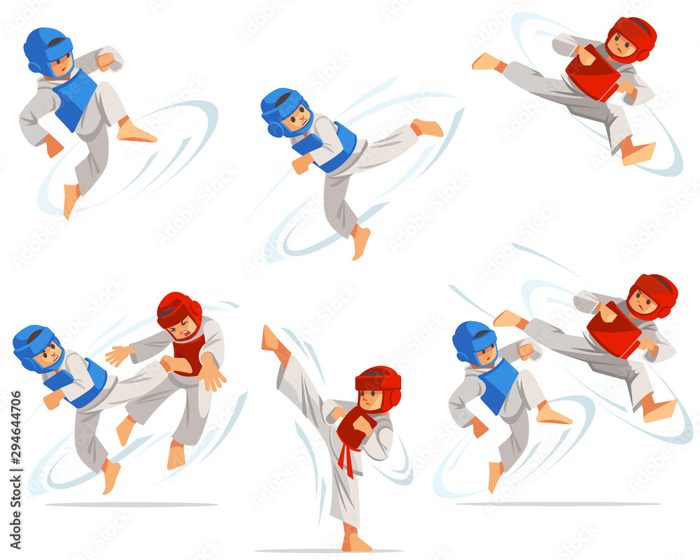 Foto Set of taekwondo boys characters in different positions