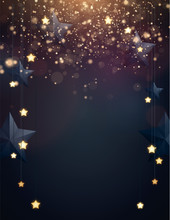 Christmas Background Design With Yellow Glowing Stars, Blue Paper Stars And Gold Confetti. Dark Backdrop With Space For Text. Vector Flyer Or Banner Template.