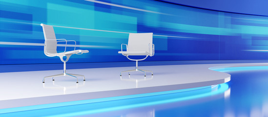 Poster - Two white, empty chairs in the modern tv studio with the wide screen. 3D render illustration.
