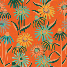 Aqua Blue And Tangerine Color Echinacea Flowers In Tropical Design. Seamless Vector Pattern On Orange Grid Textured Background. Perfect For Wellness, Beauty, Spa Products, Fabric, Stationery, Giftwrap