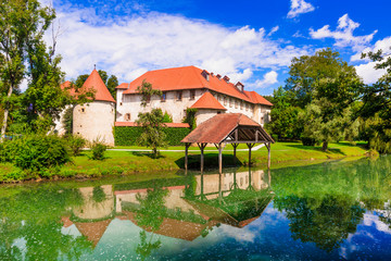 Canvas Print - Beautiful romantic castle on the island medieval Grad Otocec in Krka river, Slovenia